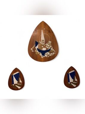 Mid-Century Teardrop Wood Wall Art Set of 3 Popcorn Gravel Wine Vino Book
